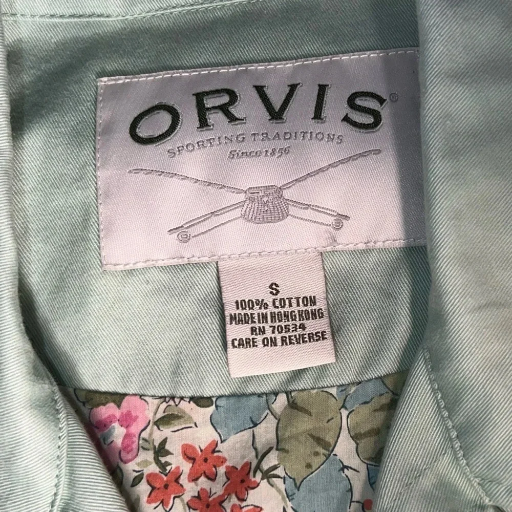 Orvis, S, vintage, pale green w/ floral lining logo button front collared jacket